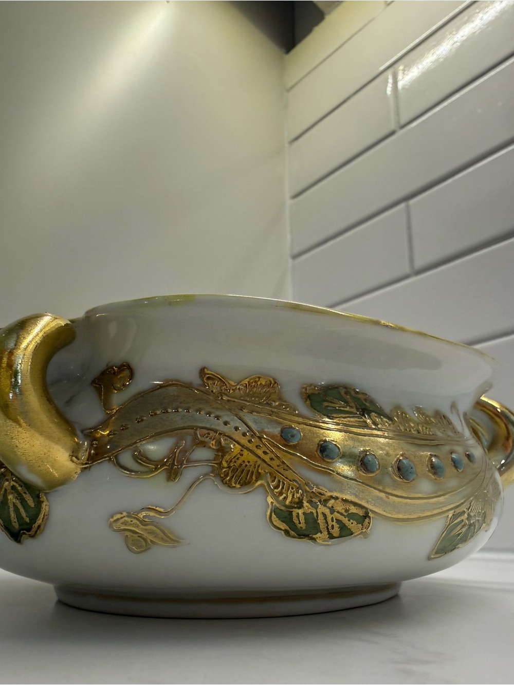 Antique Hand Painted Nippon Porcelain Bowl – Art Nouveau Gilded Double Handle